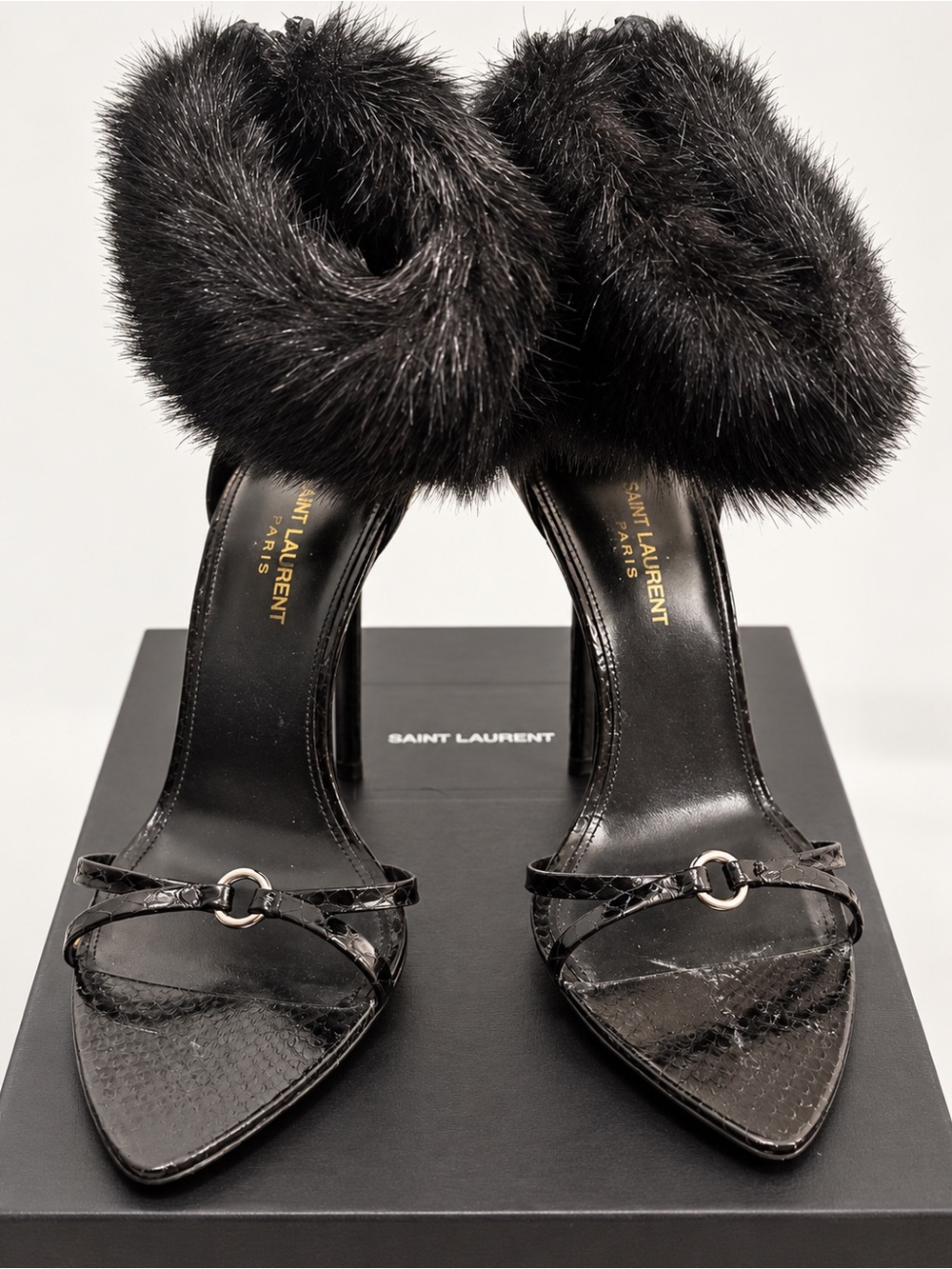 Saint Laurent Black Leather Fur-Trim Stiletto Sandals